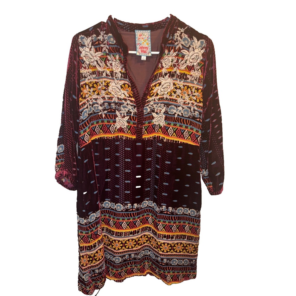 JOHNNY WAS Hania Velvet Burgundy w Multicolor Embroidery Tunic Mini Dress Sz XS